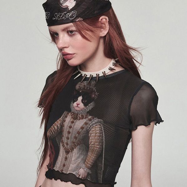 T-shirt pour femmes filles vintage imprimé collier collier manches courtes décoratives mêlles en maille