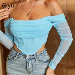 Dames T-shirt Giyu Sexy Club Party Blouses Vrouwen 2023 Zomer Herfst Mesh Shirts Off Schouder Geen Rug Rits Strakke Beha Crop tops Blusas Femme J240330