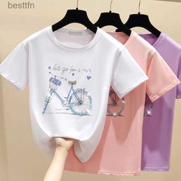 Camiseta para mujer gkfnmt Camiseta rosa con estampado de cuentas, camiseta corta de verano para mujer, camiseta blanca de algodón, camiseta de estilo coreano, ropa para mujer 240311
