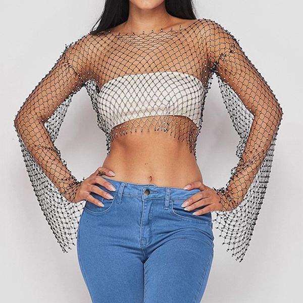 T-shirt pour femme Glitter Diamonds Fishnet Tops Blusa Sparkly Women Long Sleeve O Neck Sexy Hollow Out See Through Club Party Tees 230331