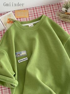Dames T-shirt Gmiixder Olive Green Wafle T-shirt Losse all-match High Street Simple Short Sleeveved T-shirt Men Dames Patch Design Harajuku Top 230314