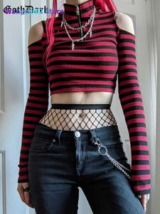 T-Shirt Femme Goth Dark Grunge Striped Mall Gothique Basic T-shirts Punk E-girl Esthétique Moulante Casual Crop Tops Manches Longues Ouvert Épaule Tee 022223H
