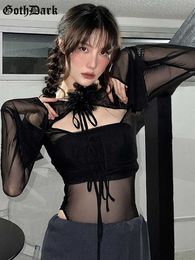 T-shirt Femme Goth Dark Mesh See Through Hollow Out Sexy Bodys Y2k Lace Up Moulante Patchwork T-shirts Femmes Gothique Flare Manches Coréen Top P230328