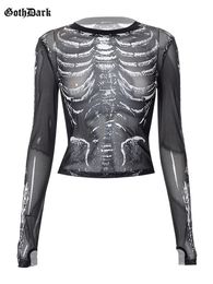 T-shirt femme Goth Dark Skeleton Print Mesh Mall Gothic Femmes T-shirts Grunge Esthétique Voir à travers Sexy Crop Tops Emo Black egirl Alt Clothes 230208