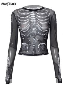 T-shirt femme Goth Dark Skeleton Print Mesh Mall Gothic Women T-shirts Grunge Aesthetic See Through Sexy Crop Tops Emo Black egirl Alt Clothes 230608