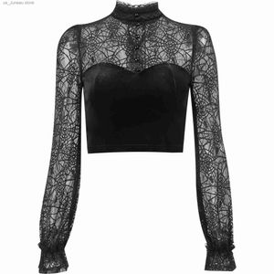 Dames t-shirt Goth sexy kanten mesh wijd uitlopende lange slve corset crop tops y2k harajuku vintage esthetische zwarte t-shirts vrouwen tops ts strtwear 1 t240415