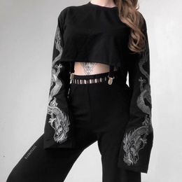 Dames t -shirt gotisch punk cool meisje draken patroon t shirts lange mouw Suspender Crew Neck Black Crop Top Autumn pullover 230818