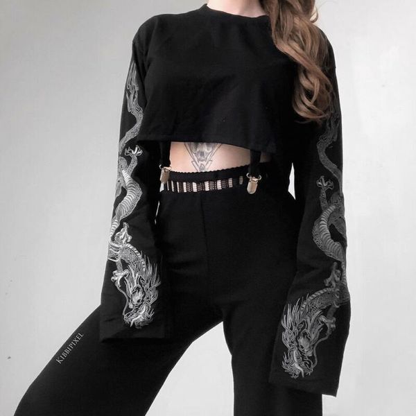 T-shirt femme gothique punk cool fille motif dragon t-shirts à manches longues jarretelles col rond noir haut court automne pull 230818