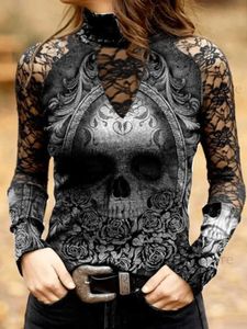 T-shirt pour femmes Gothic Skull Flower Tops Femme Femme Hollow Lace Long Manche Tee Sexy Girls Vintage Slim T Shirts T231204