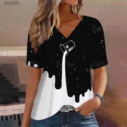 Camiseta para mujer Camiseta corta con cuello en V degradado, camiseta de moda para mujer, camisetas básicas con estampado, ropa de calle de verano, ropa de gran tamaño, camisetas Fe 240311