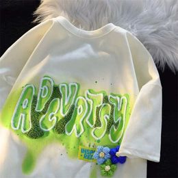 T-shirt féminin Grn Tie Dye Cartoon broderie T-shirts en tricot fleur kawaii T O-Neck