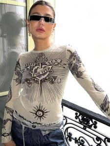 T-shirt femme Grunge esthétique maille femmes moulantes t-shirts gothique crâne imprimé Punk sexy transparent hauts E fille vêtements de rue 230822