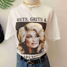 T-Shirt Femme HAHAYULE-JBH Guts Grits And Lipstick Dolly Parton T-Shirt Femme Style Rétro Nostalgique Imprimé Tee Country Music Tee Shirt T230510