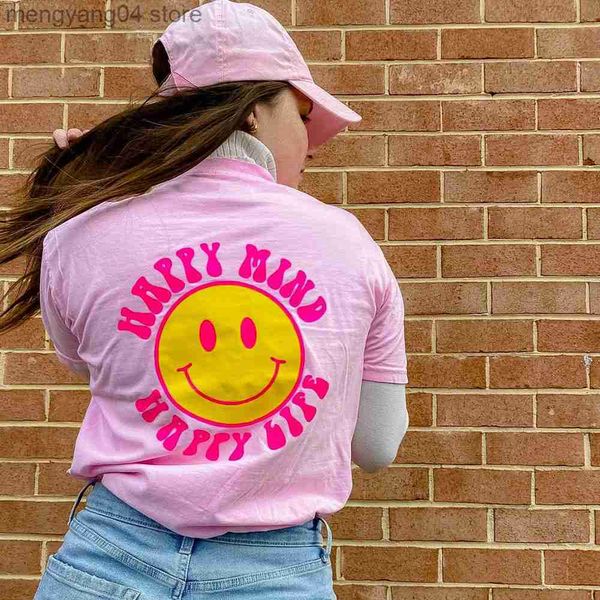 T-shirt pour femmes Happy Mind Happy Life Smile Face Printing Women Tops Rose Loose Cotton Short Sleeve Vintage Tees Summer Aesthetic Tumblr T Shirt T230510
