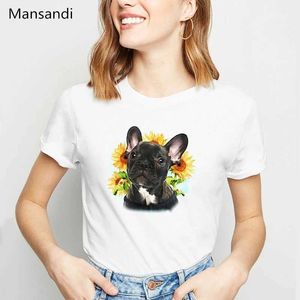 T-shirt féminin Harajuku Kaii Bulldog français / Boston Terrier / Yorkie fu / berger allemand / Chihuahua / Pug Dog Flowers Print T-shirt Femmes Tops D240507