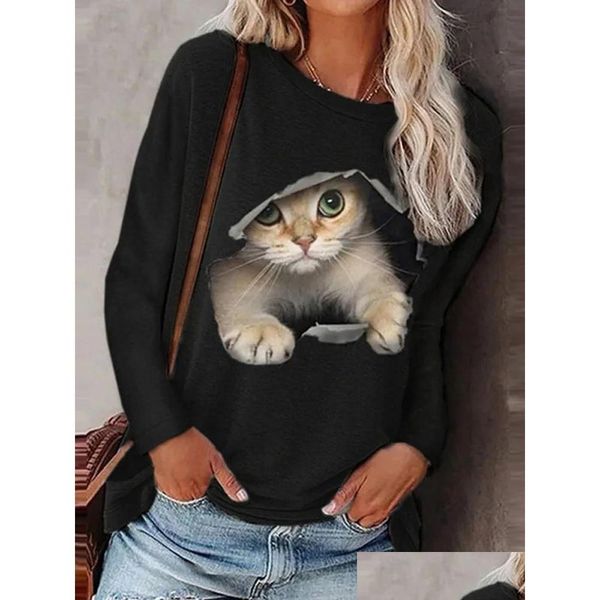 T-shirt Femme Haruku 3D Cat Impression Femmes T-shirts Automne Mode Oneck Manches longues Plover Tops Lady Casual Tee Femme Loose Stree Ott5G