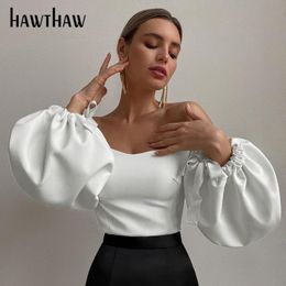 T-shirt femme Hawthaw Femmes Mode Automne Hiver Slash Neck Lantern Sleeve Soild Couleur Blanc Tops T Shirt Femme Vêtements Streetwear 230204