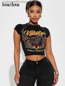 Dames T-shirt Hawthaw Dames Korte Mouw Grafisch Y2K Streetwear Zwart Crop Tops T-shirts Tees 2023 Zomerkleding Groothandel Artikelen Voor Zakelijk T231024