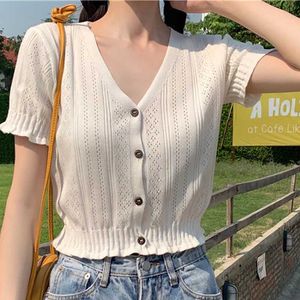 T-shirt pour femmes Heliar Womens Knited Hollow T-shirt V-Neck Button Top à manches courtes T-shirt T-shirt décontracté Summer 2023L2405