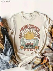 T-shirt voor dames hier komt de zon grafische T-stukken Western plus size dames vintage esthetische kleding hippie boho t-shirt katoen retro tops grungel2403