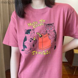 T-shirt da donna Here To Cause Trouble Funny Cats Stampa Kpop T-shirt Donna manica corta in cotone sciolto Graphic Tees 2022 Camicie casual estive T230510