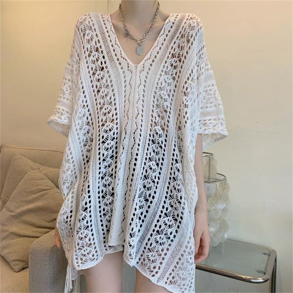 T-shirt Femme High Street Fashion Designer Top Sexy Hollow Out Crochet Femmes Casual Knitwear Beach Cover Up PullWomen's