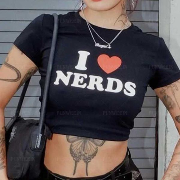 T-shirt féminin High Street Y2k Style I Love Nerds Imprime T-shirt Femmes Harajuku courte à manches American Street Sexy Crop Top Slim Emo Baby T-shirtl2404