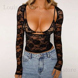 Dames T-shirt hirigin Sexy Club Party Laag uitgesneden T-shirt Vintage bloemenkant Sheer Crop Tops 2-delige set Bijpassende bralette Dames T-shirt met lange mouwen T240228