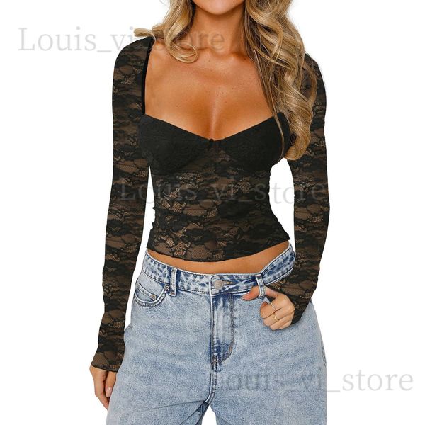 T-shirt Femme Hirigin Femmes Dentelle À Manches Longues Petit Haut Y2K Slim Fit Crop Top Sexy Dentelle Low Cut Top Tee Club Streetwear blusa mujer moda T240228