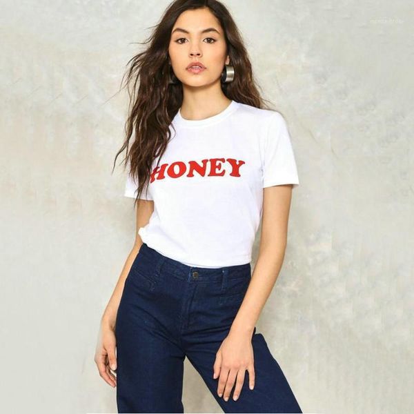 T-shirt Femme Honey Lettre Imprimer Coton T-shirt Femmes Manches courtes O Cou Lâche Jaune Tshirt 2022 Été Femelle Tee Tops Camisetas