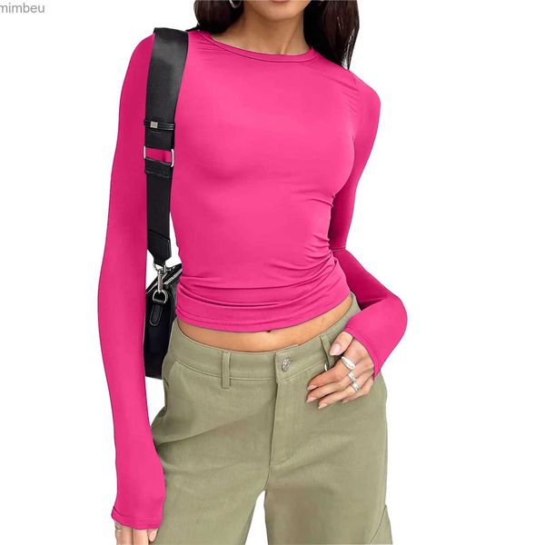 Camiseta para mujer Camiseta rosa caliente Mujeres Primavera Damas Y2K Ropa Sólido Slim Malla Sexy Slim Fit Flaco Recortado Manga larga Tee Tops Ropa Mujer L240201