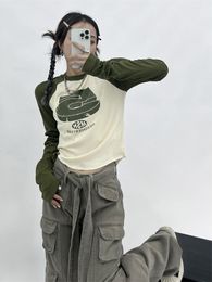 Dames T-shirt Houzhou Vintage Y2K Patchwork Groene T-shirts vrouwen hippie streetwear lange mouw t shirts vrouwelijke kpop retro herfst crop tops 230307