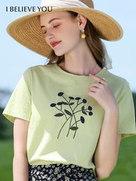 Camiseta de mujer TE CREO verano 100% algodón camiseta Casual cuello redondo manga corta bordado Tops Oficina señora ropa femenina 2223014612 230320