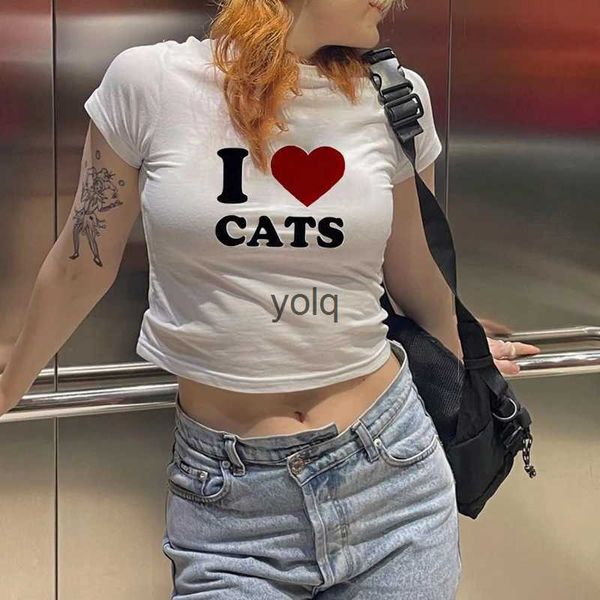 Camiseta para mujer I Love Cats Print Y2k Harajuku O-ne Top corto de manga corta T-shirtsyolq