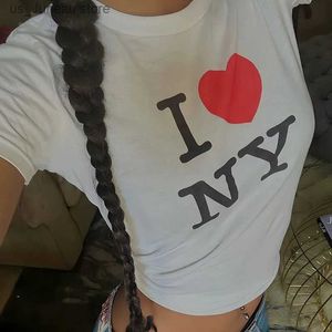 T-shirt féminin I Love New York Ny O Ny Neck Womens Cropped Top Harajuku Gothic Vêtements Y2K Summer Fashion T-shirt Baby T 2000s Tshirt Dropship 1 T240415