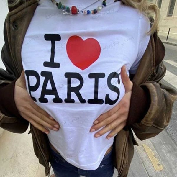 Camiseta para mujer I Love Paris Print Casual Hot Girl Exposed Navel All-Match Baby Tee Summer Y2k Grunge Harajuku Goth Crop Tops Camiseta Streetwear T240129