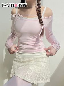 T-shirt Femme IAMTY Sweet Lace-up Slash Neck T-shirt Rose Kawaii Hauts à manches longues Printemps Casual Y2K Esthétique Tops Coréen Mignon Vêtements 230927