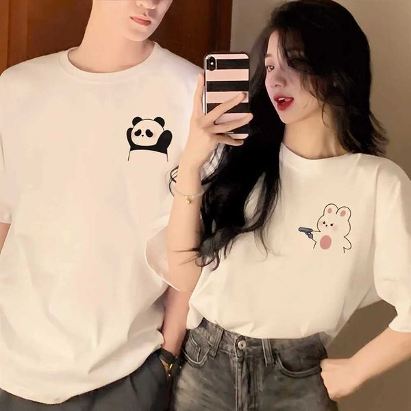 T-shirt féminin Carton intéressant Addition Panda Print Couple T-shirt T-shirt Top 240g Coton Casual Loose Short Tshirt pour Lover Gift 240423