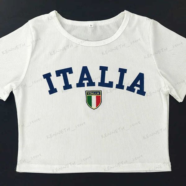 T-Shirt Femme ITALIA Lettre Motif Imprimé Sexy Y2k Harajuku Crop Top T-Shirt Casual Punk Goth Manches Courtes Bébé Slim Tee Streetwear T240129