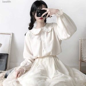 T-shirt femme japonais mignon Harajuku chemise blanche à volants hauts chemisier long sle doux lolita chemises boutonnées de base 100% coton 240311