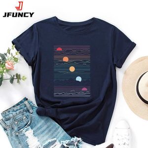 T-shirt féminin Jfuncy Sunrise Imprimerie Tee Tops 2024 100% coton T-shirt en vrac SHIRT
