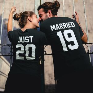 T-shirt pour femmes Just Married T-shirt en coton personnalisé Casual Unisexe lywed Couples assortis T-shirt Drôle Lune de miel Cadeau de mariage Tee Top pour les femmes 230617