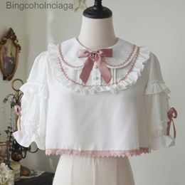 T-shirt Femme Kaii Pink Bow Lolita Blouses Wwomen Victorien Vintage Volants Peter Pan Col Mousseline Tops Fe Style Japonais Chemises CourtesL231208