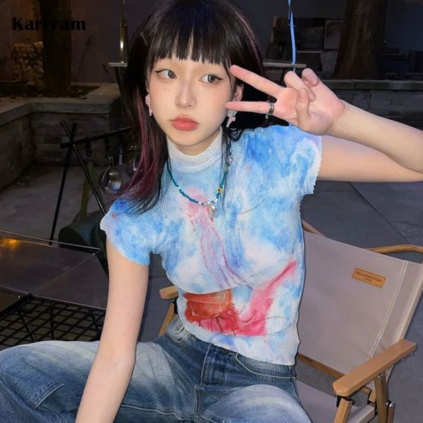 T-shirt femme Karram Y2k Aesthetics Folds T-shirt Japanese Harajuku Jellyfish Print T-shirt Grunge Fairycore Slim Top Lace Up Dye 2000s E-girls 230720
