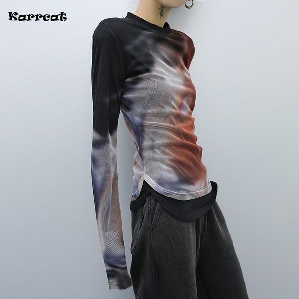 T-shirt femme Karrcat Cyber Y2k Mesh Tops T-shirt imprimé dégradé grunge Irrégulier Tie Dye Chic T-shirt Mode coréenne Harajuku Streetwear 00s 230705