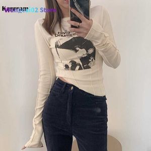 T-shirt femme Karrram décontracté mince T-shirt pour femmes col rond à manches longues sexy haut court Grunge lettres imprimer femme coréenne mode vêtements 2021 022223H