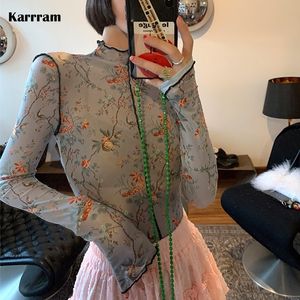 T-shirt Femme Karrram Japonais Vintage Floral Mesh Top Harajuku Voir à travers translucide Sheer Tie Dye T-shirt à manches longues Basic Tee coréen 230421