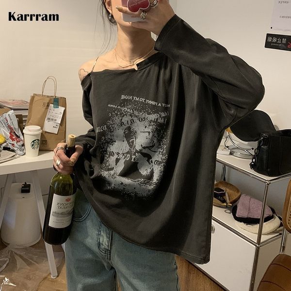 T-shirt femme Karrram Femme Vintage Print T-shirt Fée Grunge Automne Manches Longues Cool Girl Rock Tees Sans Bretelles Lâche Harajuku Tops 230421