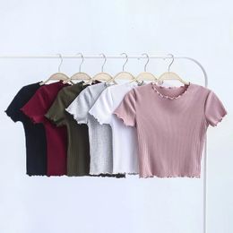 Dames t -shirt Kaus Lengan Pendek Leher O Telinga Kayu Vintage Slim Fit Wanita Baru Ketat Atasan Retro Musim Panas 6 Warna 230427