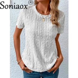 T-shirt femme Kaus musim panas nyaman gaya manis segar pulover leher o elegan Wanita kaus lengan pendek atasan berongga kasual wanita baru 230515